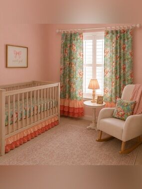 Caden Lane Floral Nursery Curtains and Bedding in Aqua, Coral, Pink